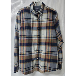 Mens Shirt Van Heusen Flex Flannel Plaid Blue Beige‎ Gray Medium Cotton/Poly